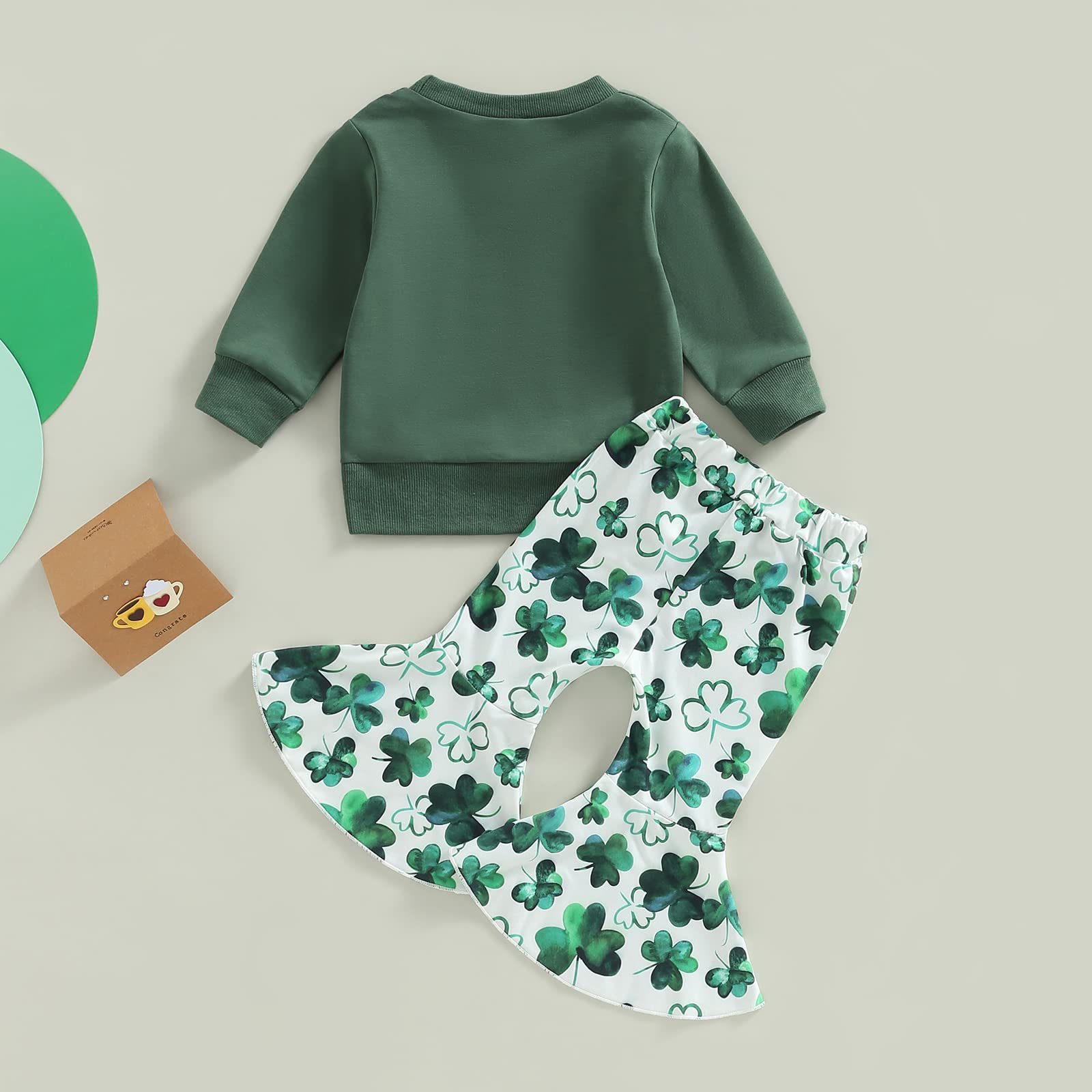 Lamuusaa St Patricks Day Baby Girl Outfit Long Sleeve Lucky Babe Sweatshirt Green Ribbed Flared Pants 2Pcs Clothes Set