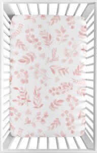 sweet jojo designs blush pink and white floral leaf girl fitted mini crib sheet baby nursery for portable crib or pack and play boho chic bohemian watercolor botanical flower woodland tropical garden