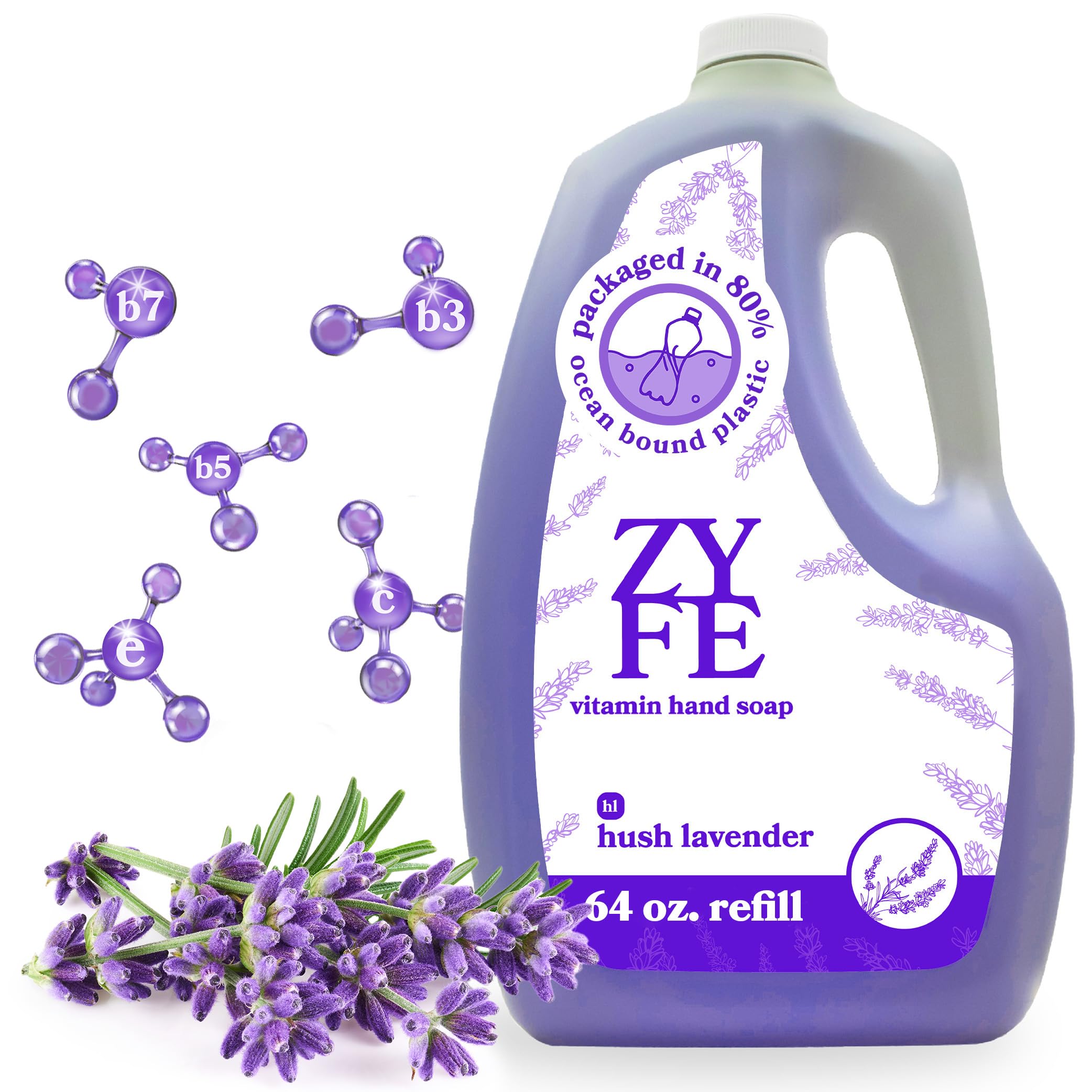 ZYFE Liquid Hand Soap Refills - Non-Toxic, Plant-Derived Vitamin Hand Soap with Essential Oils - Kitchen Hand Soap Refill & Bathroom Essentials Handsoap Hand Wash - Hush Lavender Scent, 64oz