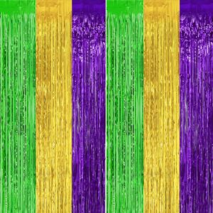 2 Pack 3.2ft x 9.8ft Mardi Gras Metallic Foil Fringe Curtain, Purple Green Gold Tinsel Curtains Streamers Party Photo Booth Props Backdrop for Mardi Gras Themed Party, St. Patrick's Day