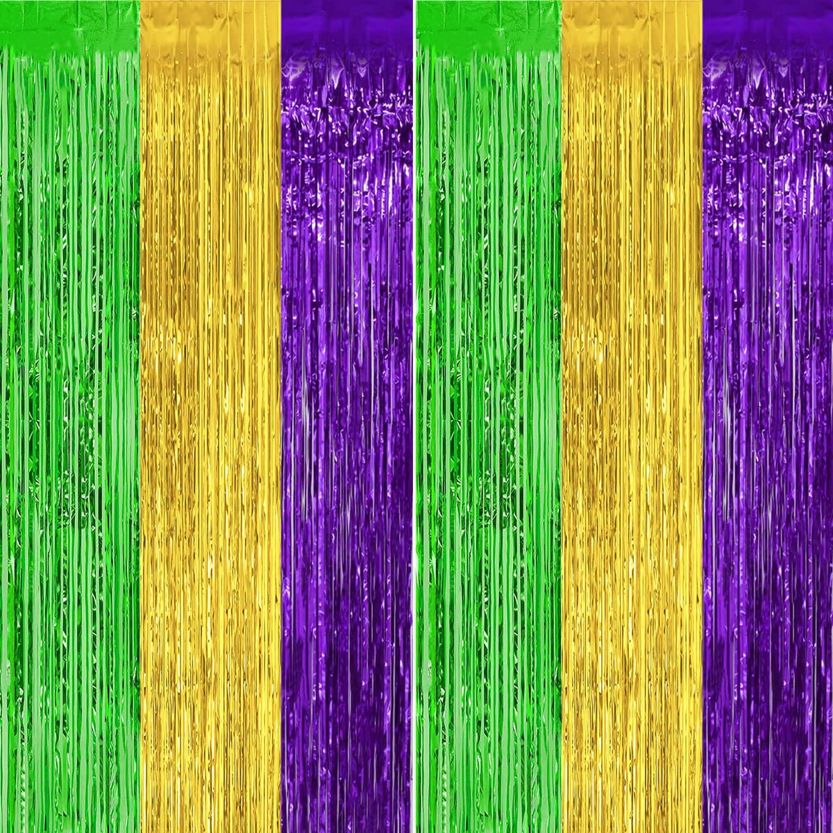 2 Pack 3.2ft x 9.8ft Mardi Gras Metallic Foil Fringe Curtain, Purple Green Gold Tinsel Curtains Streamers Party Photo Booth Props Backdrop for Mardi Gras Themed Party, St. Patrick's Day