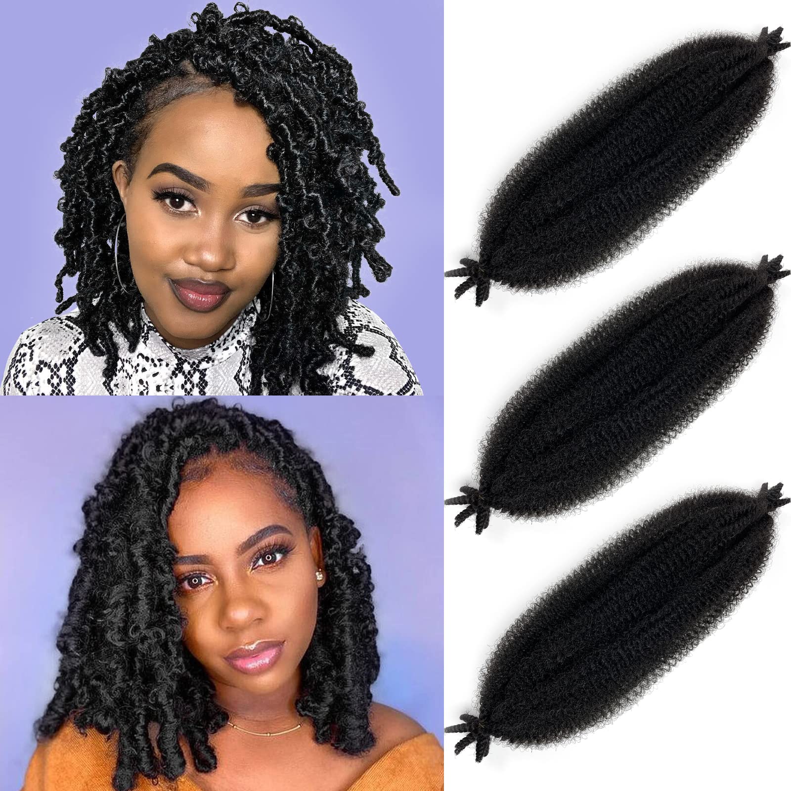 Marley Twist Braiding Hair 16 Inch Springy Afro Twist Hair 3 Packs Kinky Twist Hair for Braiding 1B Black Spring Twist Hair Curly Braiding Hair Extension for Black Women