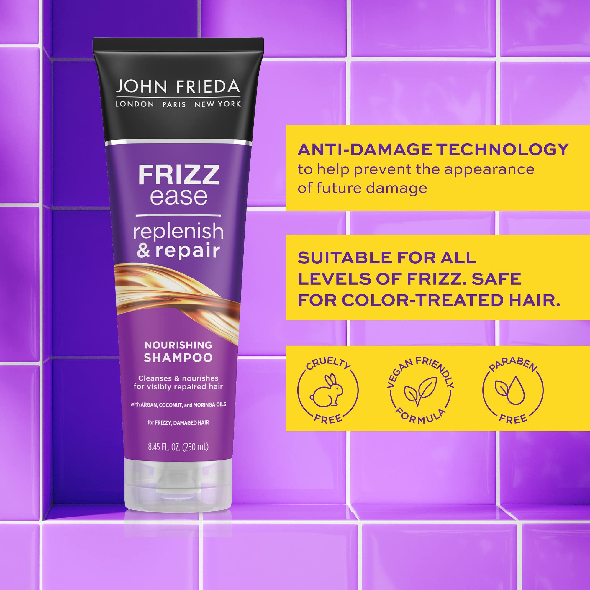 John Frieda Anti Frizz Shampoo With Argan and Coconut Oil for Damage, free from Paraben, Phthalate and Cruelty , Vegan Friendly 8.45 Oz Bottle