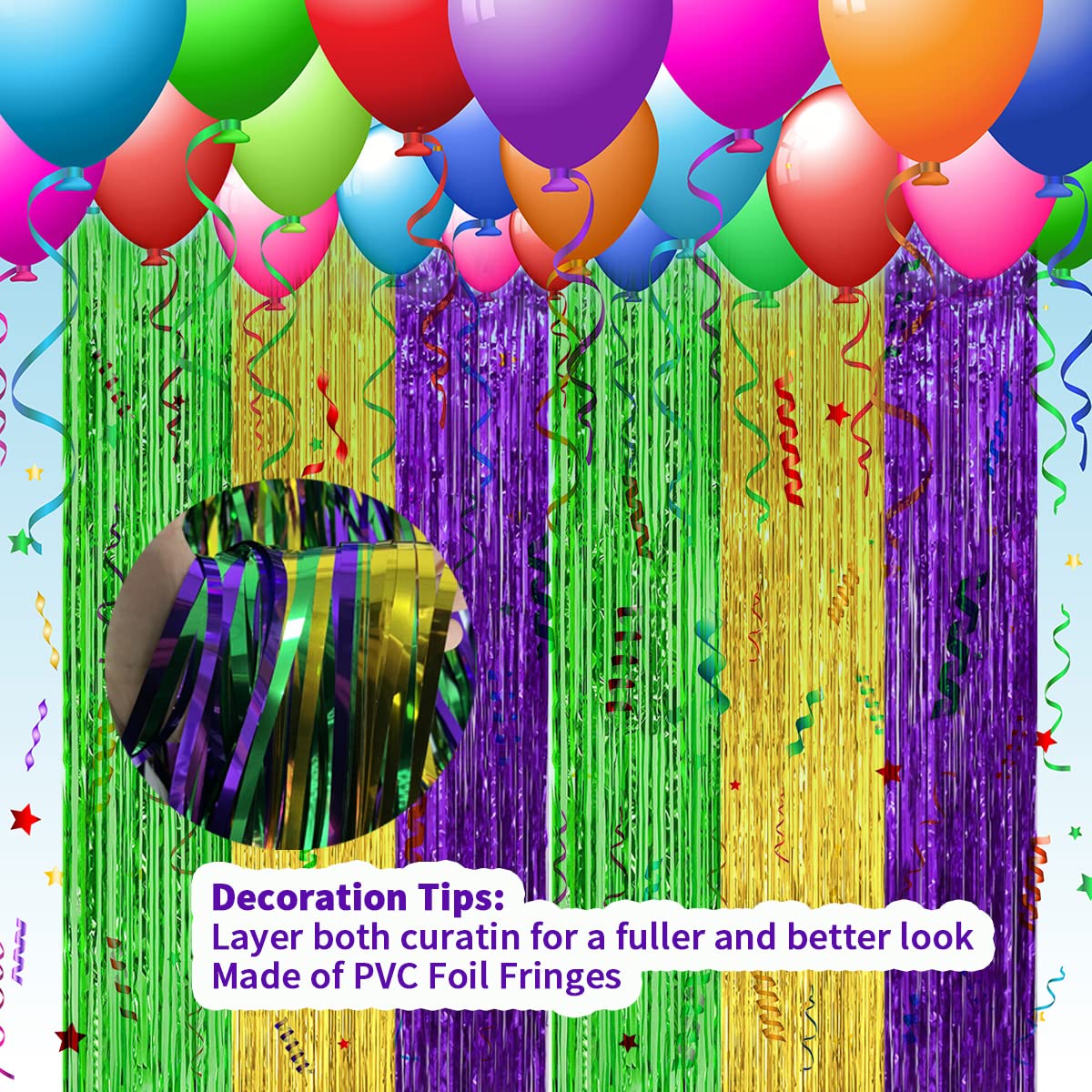 2 Pack 3.2ft x 9.8ft Mardi Gras Metallic Foil Fringe Curtain, Purple Green Gold Tinsel Curtains Streamers Party Photo Booth Props Backdrop for Mardi Gras Themed Party, St. Patrick's Day