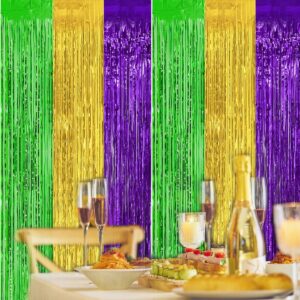 2 Pack 3.2ft x 9.8ft Mardi Gras Metallic Foil Fringe Curtain, Purple Green Gold Tinsel Curtains Streamers Party Photo Booth Props Backdrop for Mardi Gras Themed Party, St. Patrick's Day