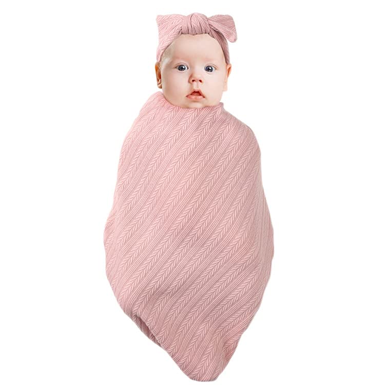 QandSweet Newborn Receiving Blanket Headband Hat Set Baby Swaddle swaddling Blanket (Pink)