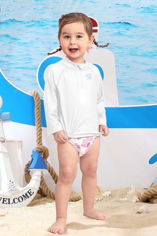 BesserBay Unisex Baby UV Raglan Long Sleeve White Beach Rash Guard Shirt Front Half Zip UPF 50+ Swimwear Sun Top 12-18 Months