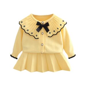 Toddler Baby Girls Outfit Knitted Buttons Sweater Tops Mini Skirt Bowknot Ruffle Long Sleeve Autumn Winter Clothes Set Pleated Skirt Knit Cardigan Sweater Coat Fall Winter Outfits Yellow 5-6 Years