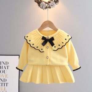 Toddler Baby Girls Outfit Knitted Buttons Sweater Tops Mini Skirt Bowknot Ruffle Long Sleeve Autumn Winter Clothes Set Pleated Skirt Knit Cardigan Sweater Coat Fall Winter Outfits Yellow 5-6 Years