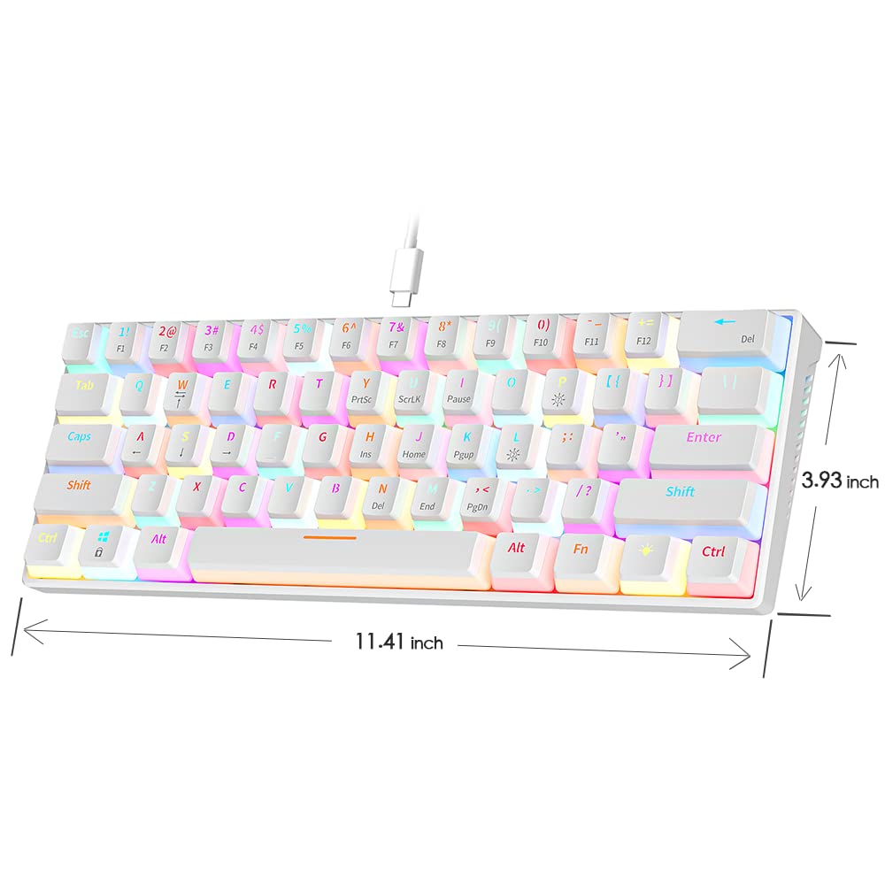 abucow Mechanical Keyboard Wired 60% Gaming Keyboard with 18 Style Colorful RGB Backlit Custom 63 Swappable keycaps (White&RGB)