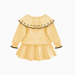 Toddler Baby Girls Outfit Knitted Buttons Sweater Tops Mini Skirt Bowknot Ruffle Long Sleeve Autumn Winter Clothes Set Pleated Skirt Knit Cardigan Sweater Coat Fall Winter Outfits Yellow 5-6 Years