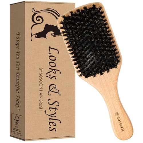 Sosoon Hair Brush, 100% Pure Boar Bristle Paddle Brush for All Hair Types, Restore Shine & Texture and Makes Hair Smooth & Health