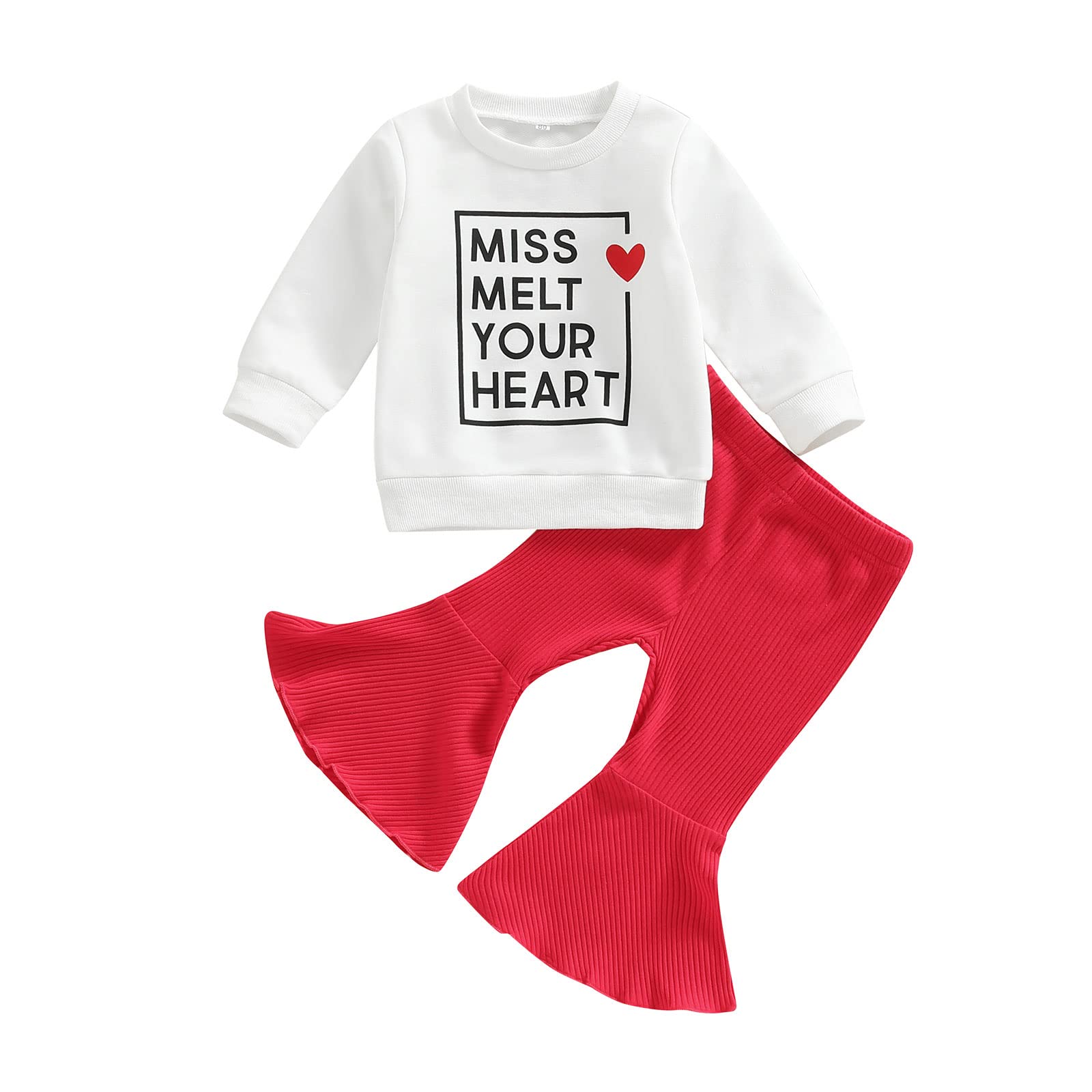 Toddler Baby Girl Valentines Outfits - Long Sleeve Crewneck Sweatshirt Bell Bottom Pants Set Valentine’s Day Clothes