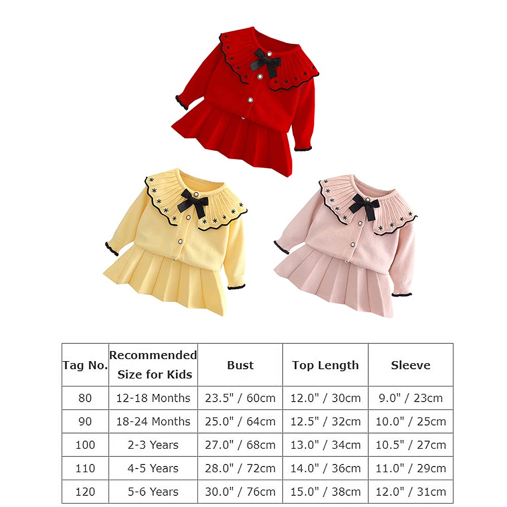 Toddler Baby Girls Outfit Knitted Buttons Sweater Tops Mini Skirt Bowknot Ruffle Long Sleeve Autumn Winter Clothes Set Pleated Skirt Knit Cardigan Sweater Coat Fall Winter Outfits Yellow 5-6 Years