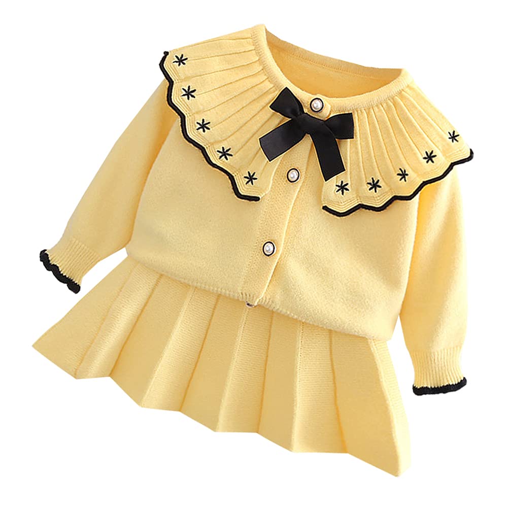 Toddler Baby Girls Outfit Knitted Buttons Sweater Tops Mini Skirt Bowknot Ruffle Long Sleeve Autumn Winter Clothes Set Pleated Skirt Knit Cardigan Sweater Coat Fall Winter Outfits Yellow 5-6 Years