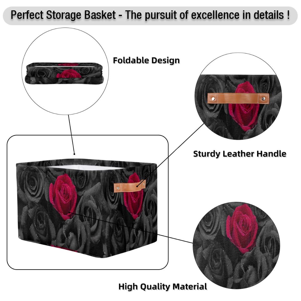 AUUXVA Storage Basket Cube Black and Red Rose Flower Large Collapsible Storage Baskets Bins with Handles Laundry Organizer for Closet Shelves Nursery Bathroom Pantry, 1 Pack