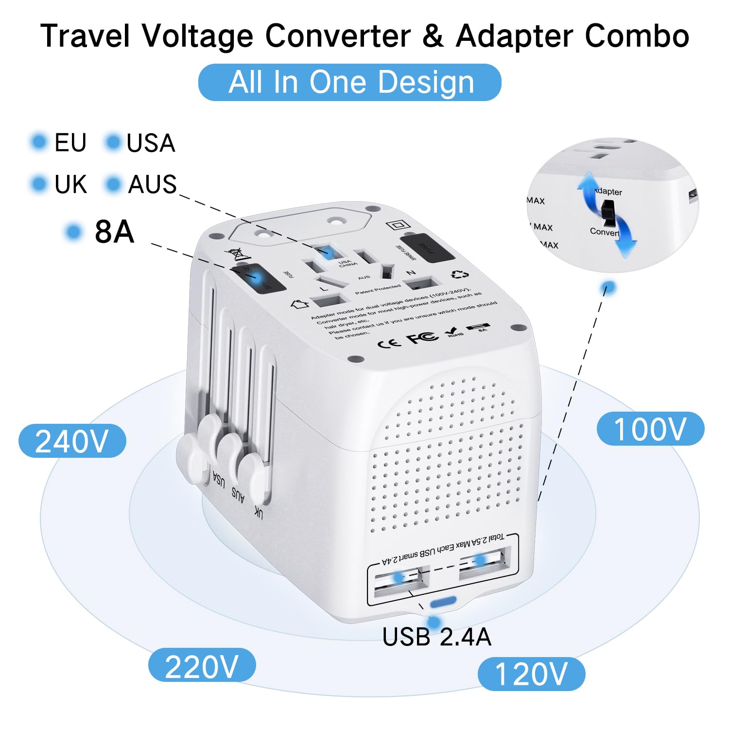 2000W Travel Voltage Converter, Universal Travel Adapter Voltage Converter Combo for 100V-240V, with 2 USB Ports, US to UK Europe Australia 200+ Countries Power Converter（White）