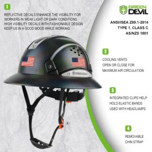 GREEN DEVIL Full Brim Hard Hat Vented Construction Safety Helmet OSHA Approved Cascos De Construccion ABS Work Hardhat for Men&Women 6 Point Adjustable Ratchet Suspension Custom Pattern Design