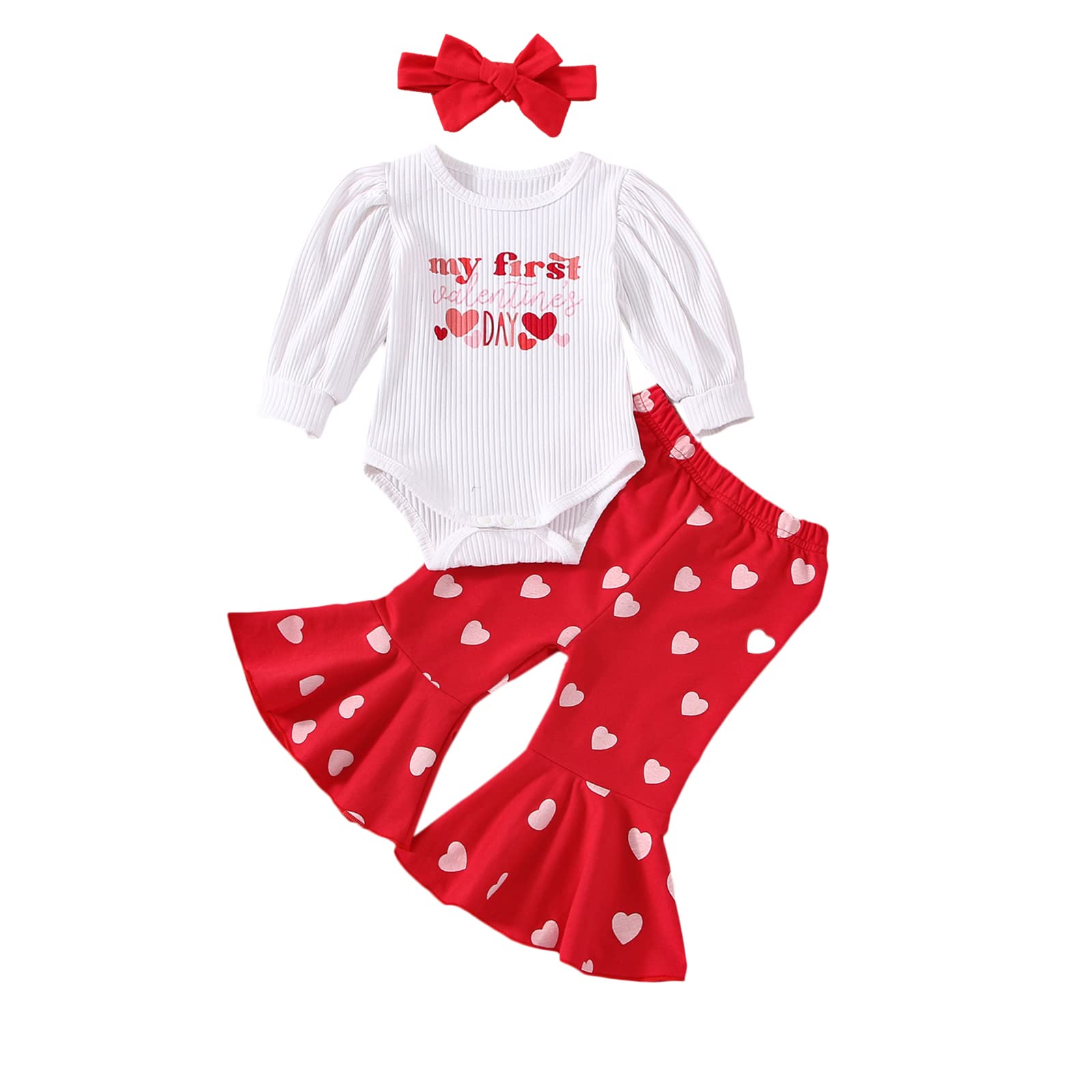 Meihuida My First Valentines Day Baby Girl Outfit Long Sleeve Ribbed Romper Heart Pants Headband Red 0-3 Months