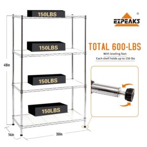 EZPEAKS Chrome 4-Shelf Shelving Unit with Shelf Liners Set of 4, Adjustable, NSF Certified Metal Wire Shelves, 150lbs Loading Capacity Per Shelf, Shelving Rack for Kitchen and Garage (30W x 14D x 47H)