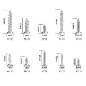 wugongshan 250G Self Tapping Screws Assortment Fasteners Set, M3/M4/M5 Sheet Metal Screws Fasteners Kit, Round Drive Flat Countersunk Head Wood Screws for Woodworking - 10 Sizes
