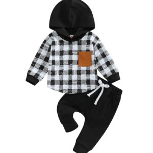 Baby Boy Clothes 3 6 9 12 18 24M 3T Pants Set Hooded Patchwork Hoodie Striped Fall Winter Outfit (Black-Plaid, 6-12 Months)