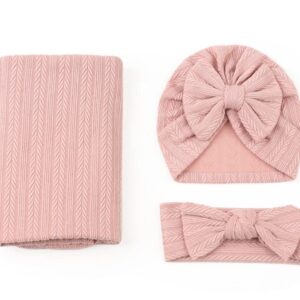 QandSweet Newborn Receiving Blanket Headband Hat Set Baby Swaddle swaddling Blanket (Pink)