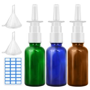 cupohus nasal spray bottle, 3 pcs 30ml/1oz amber,cobalt blue,green glass refillable fine mist sprayers atomizers, travel sized, empty nasal sprayer with funnels and labels