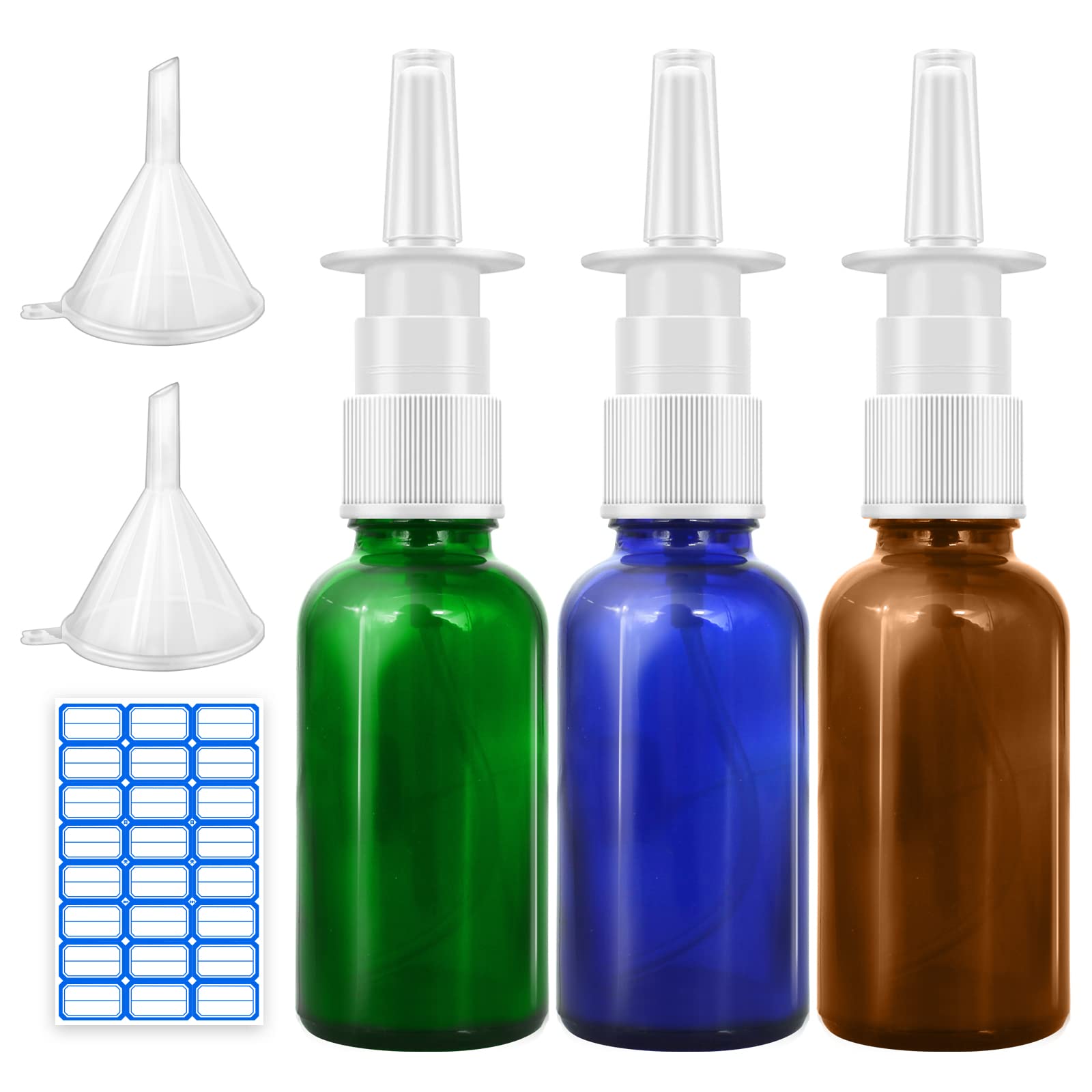 Cupohus Nasal Spray Bottle, 3 Pcs 30ML/1oz Amber,Cobalt Blue,Green Glass Refillable Fine Mist Sprayers Atomizers, Travel Sized, Empty Nasal Sprayer with Funnels and Labels