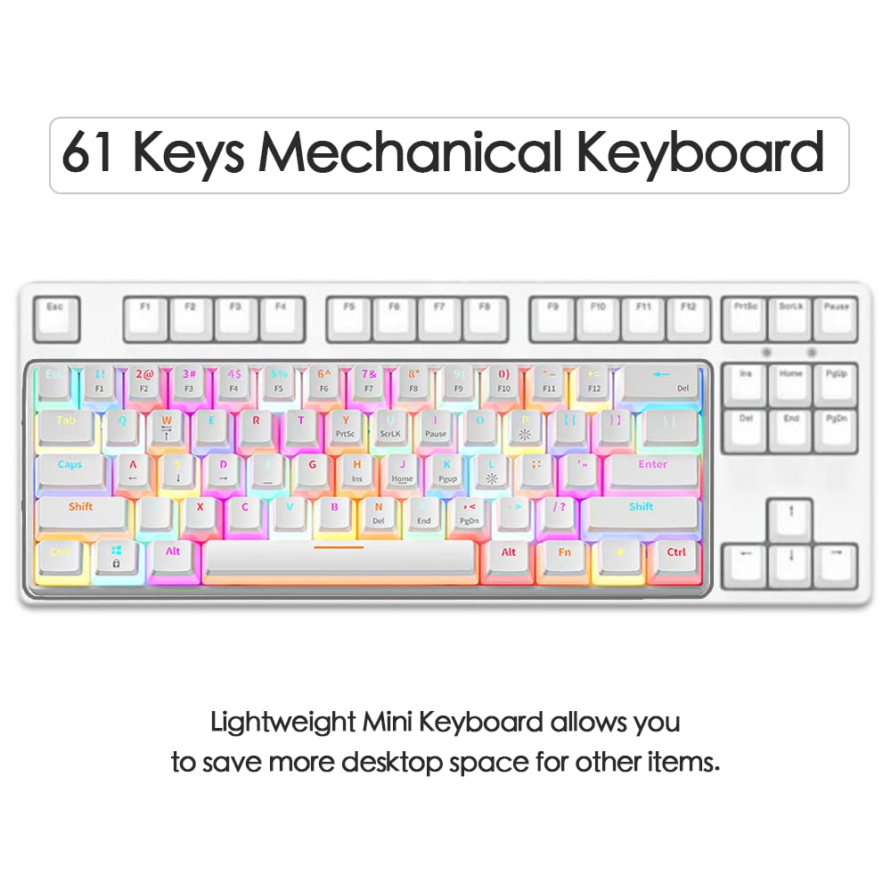 abucow Mechanical Keyboard Wired 60% Gaming Keyboard with 18 Style Colorful RGB Backlit Custom 63 Swappable keycaps (White&RGB)