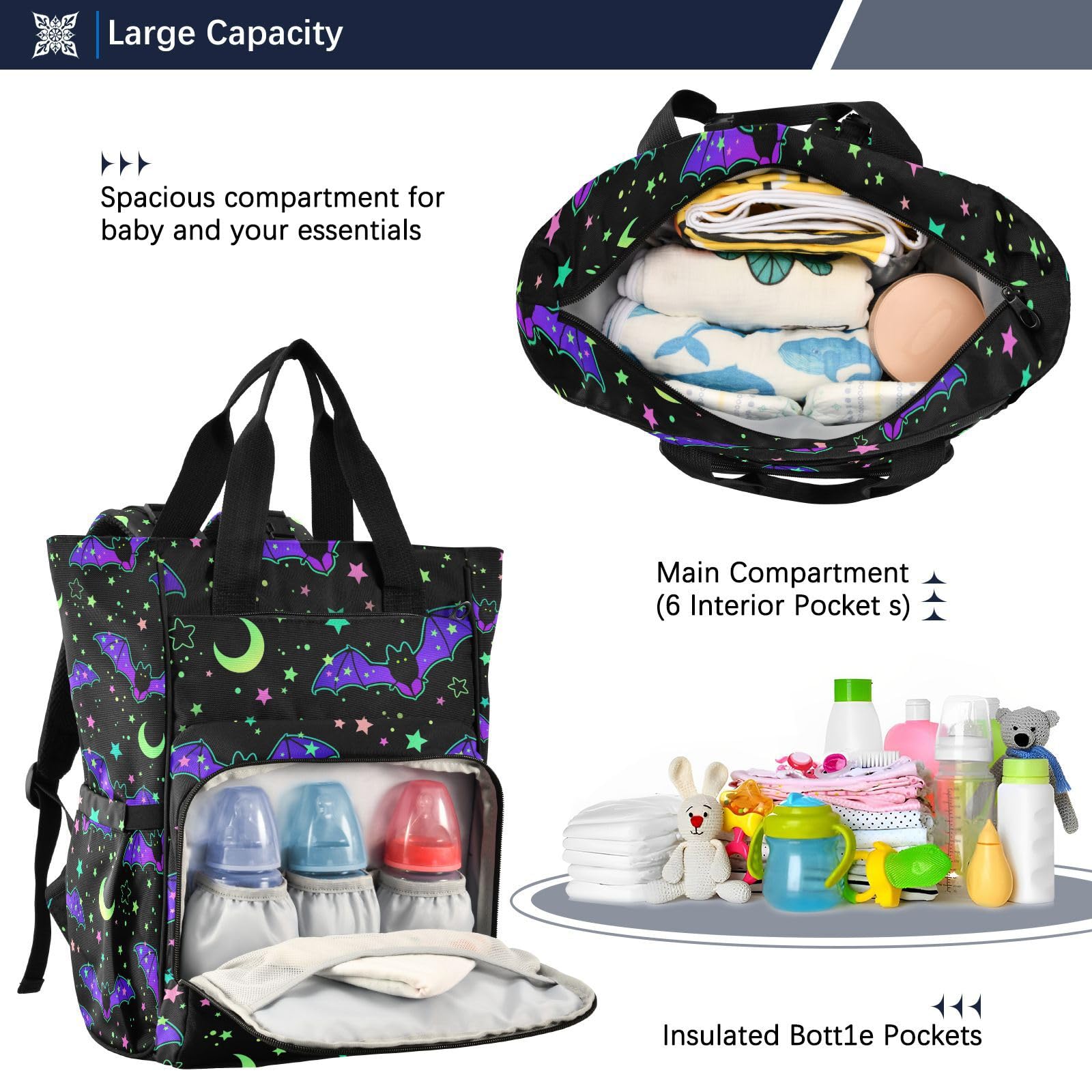 MNSRUU Diaper Bag Magic Galaxy Bat Diaper Bag Backpack Multifunction Travel Diaper Bag Tote Large Capacity Diaper Changing Backpacks for Moms Dads