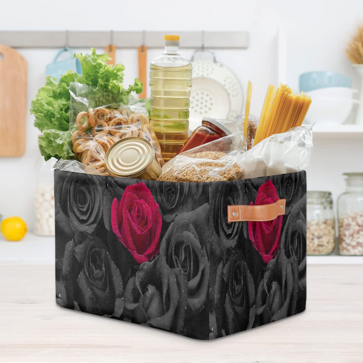 AUUXVA Storage Basket Cube Black and Red Rose Flower Large Collapsible Storage Baskets Bins with Handles Laundry Organizer for Closet Shelves Nursery Bathroom Pantry, 1 Pack