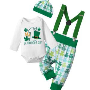 AGAPENG St Patricks Day Baby Boy Outfit Baby St Patricks Day Outfit Boy 0-3 Months My First St Patricks Day Baby Boy Outfit Long Sleeve Romper Shamrocks Suspenders Pants Hat