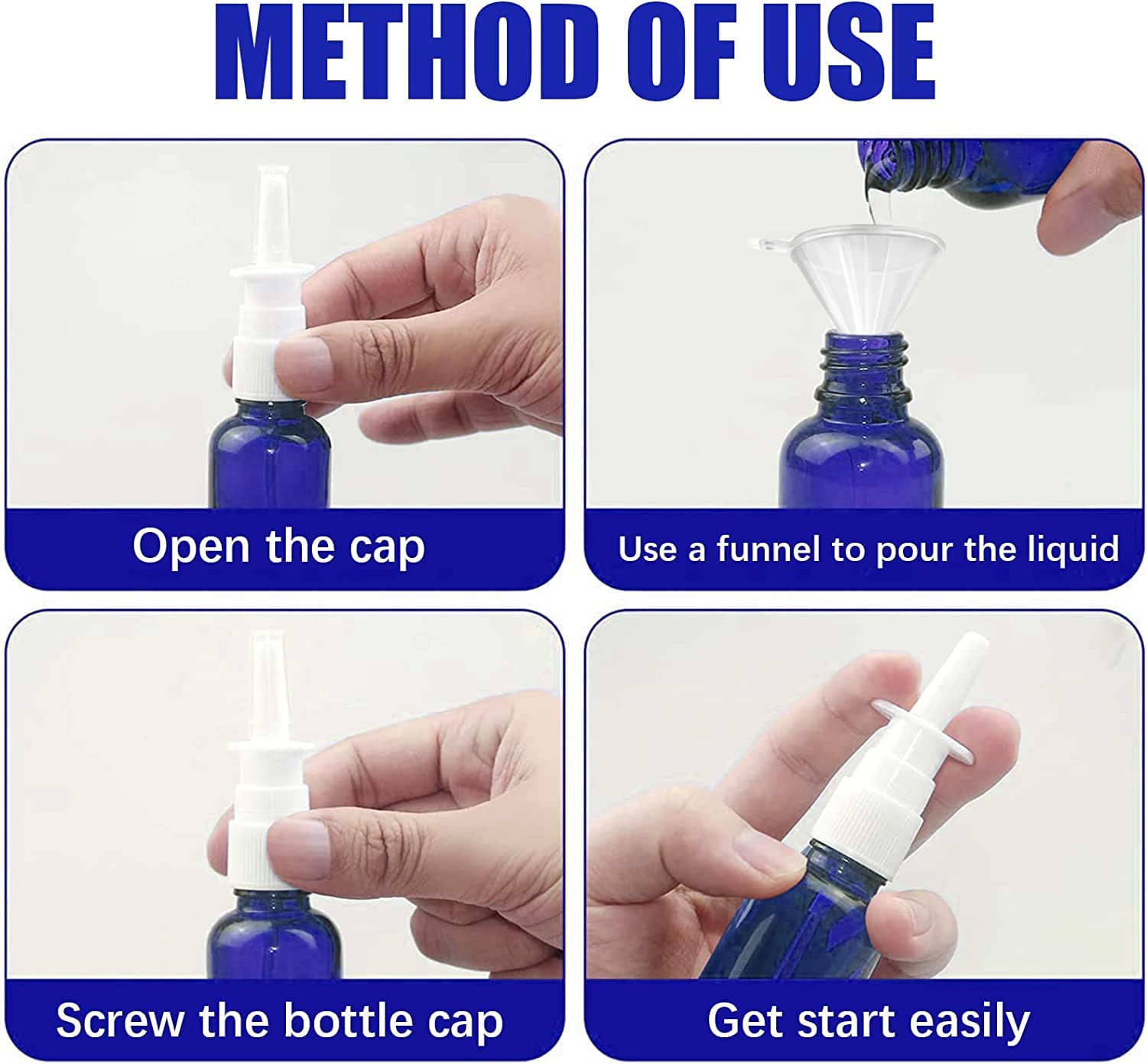 Cupohus Nasal Spray Bottle, 3 Pcs 30ML/1oz Amber,Cobalt Blue,Green Glass Refillable Fine Mist Sprayers Atomizers, Travel Sized, Empty Nasal Sprayer with Funnels and Labels