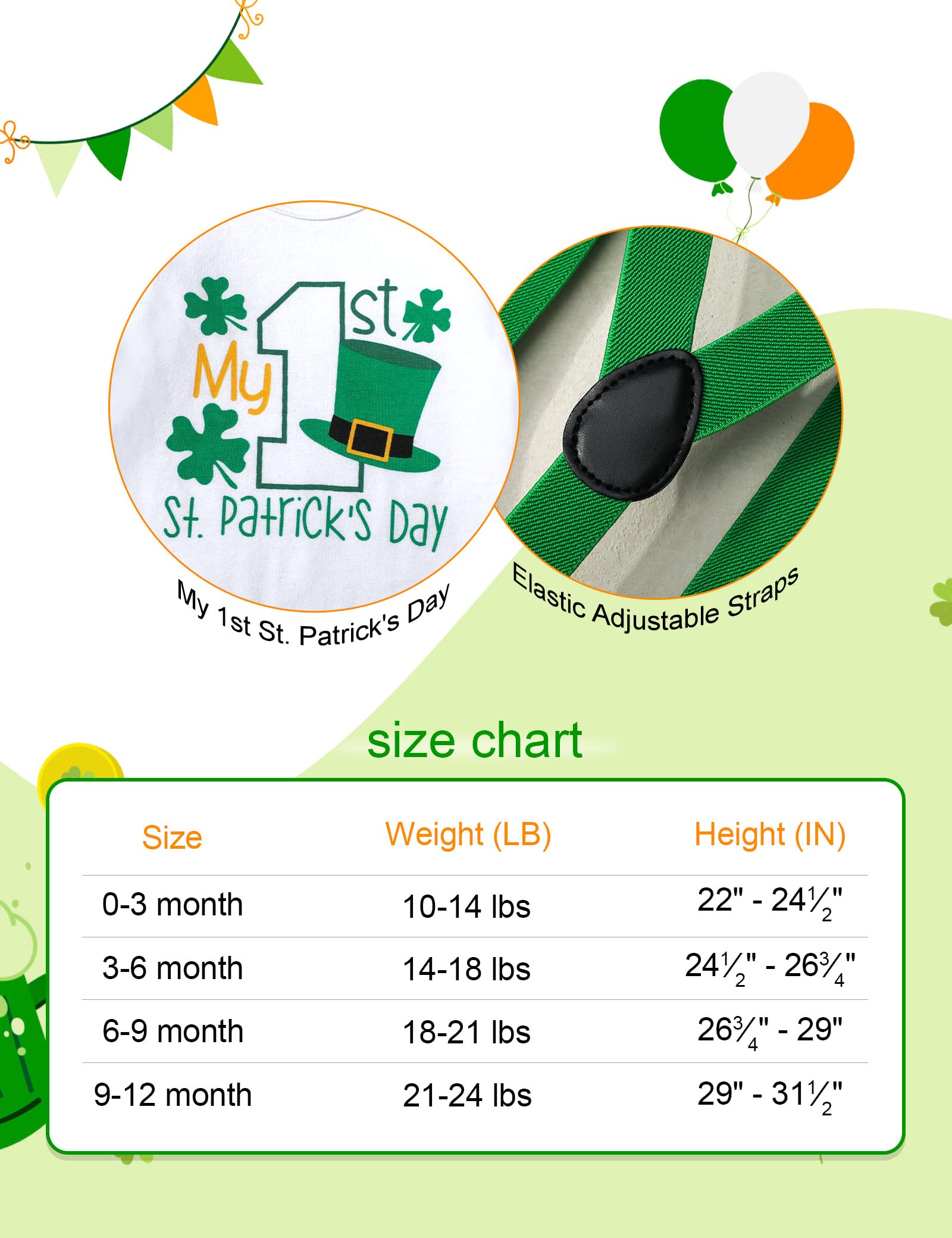 AGAPENG St Patricks Day Baby Boy Outfit Baby St Patricks Day Outfit Boy 0-3 Months My First St Patricks Day Baby Boy Outfit Long Sleeve Romper Shamrocks Suspenders Pants Hat