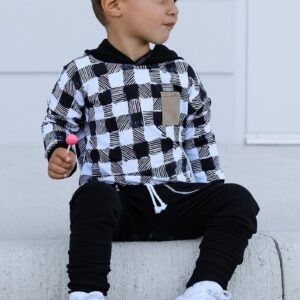 Baby Boy Clothes 3 6 9 12 18 24M 3T Pants Set Hooded Patchwork Hoodie Striped Fall Winter Outfit (Black-Plaid, 6-12 Months)