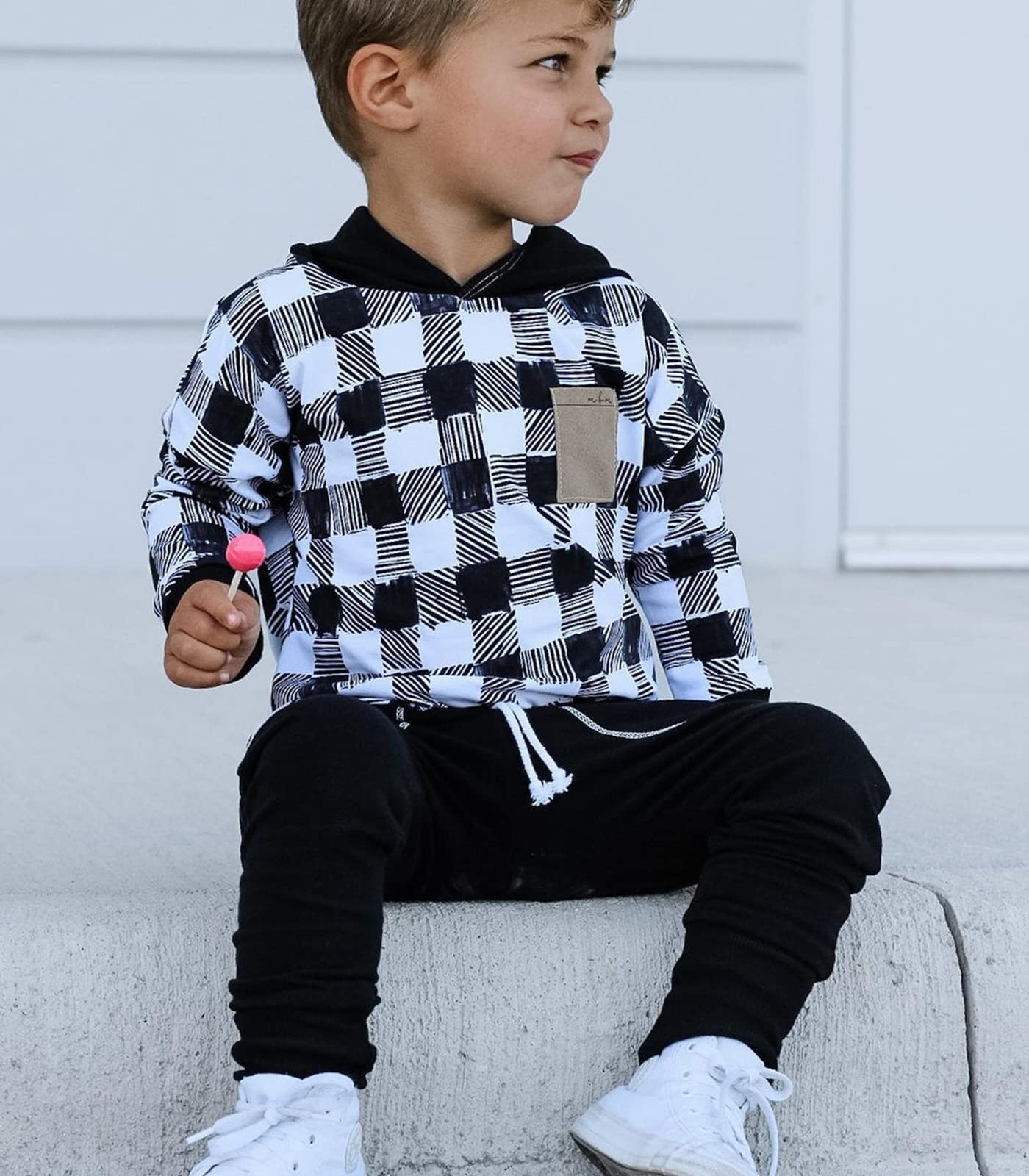 Baby Boy Clothes 3 6 9 12 18 24M 3T Pants Set Hooded Patchwork Hoodie Striped Fall Winter Outfit (Black-Plaid, 6-12 Months)