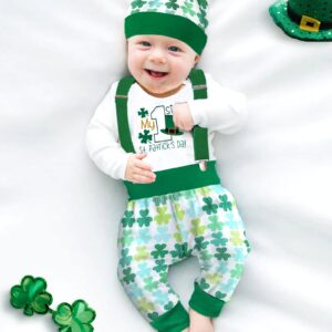 AGAPENG St Patricks Day Baby Boy Outfit Baby St Patricks Day Outfit Boy 0-3 Months My First St Patricks Day Baby Boy Outfit Long Sleeve Romper Shamrocks Suspenders Pants Hat