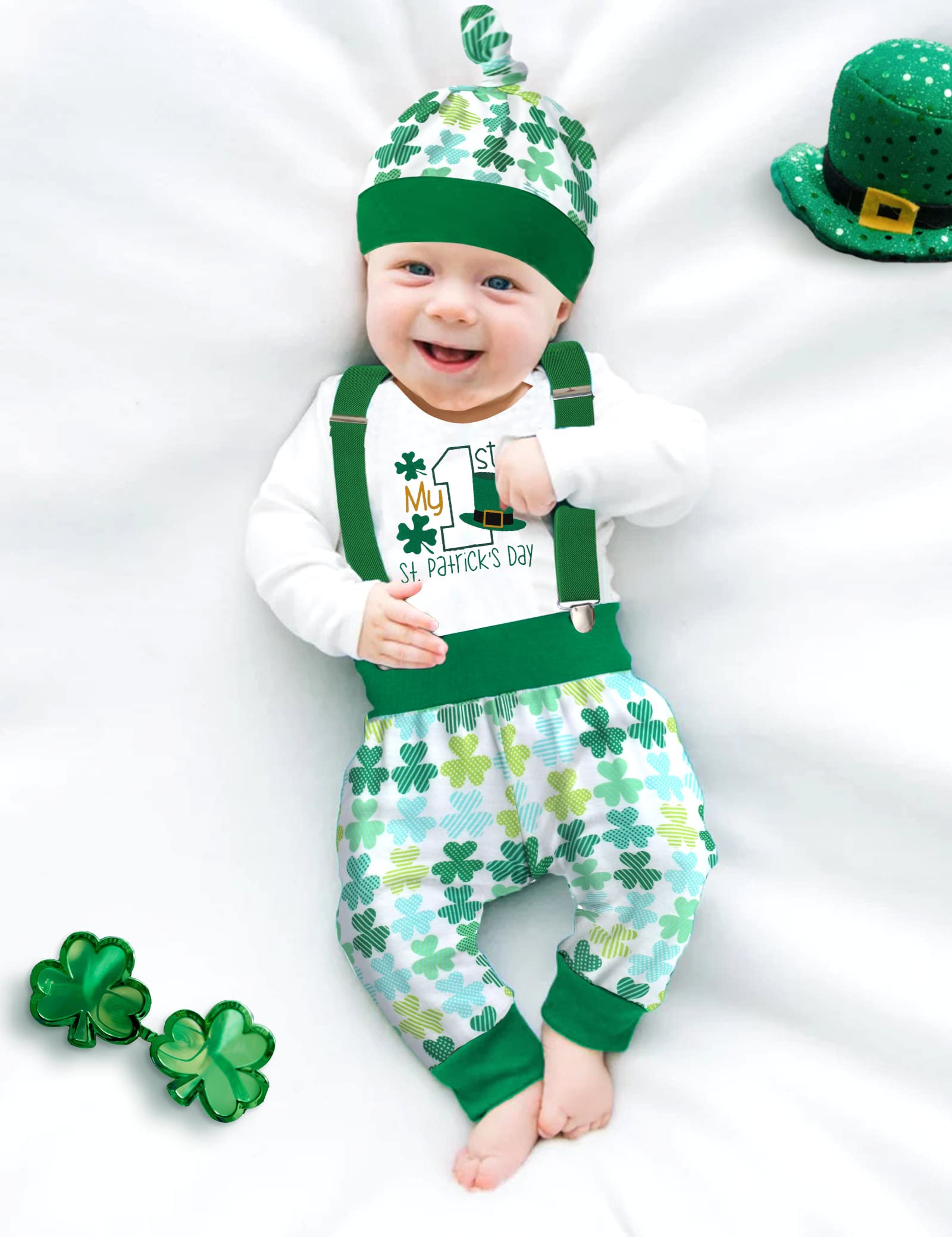 AGAPENG St Patricks Day Baby Boy Outfit Baby St Patricks Day Outfit Boy 0-3 Months My First St Patricks Day Baby Boy Outfit Long Sleeve Romper Shamrocks Suspenders Pants Hat