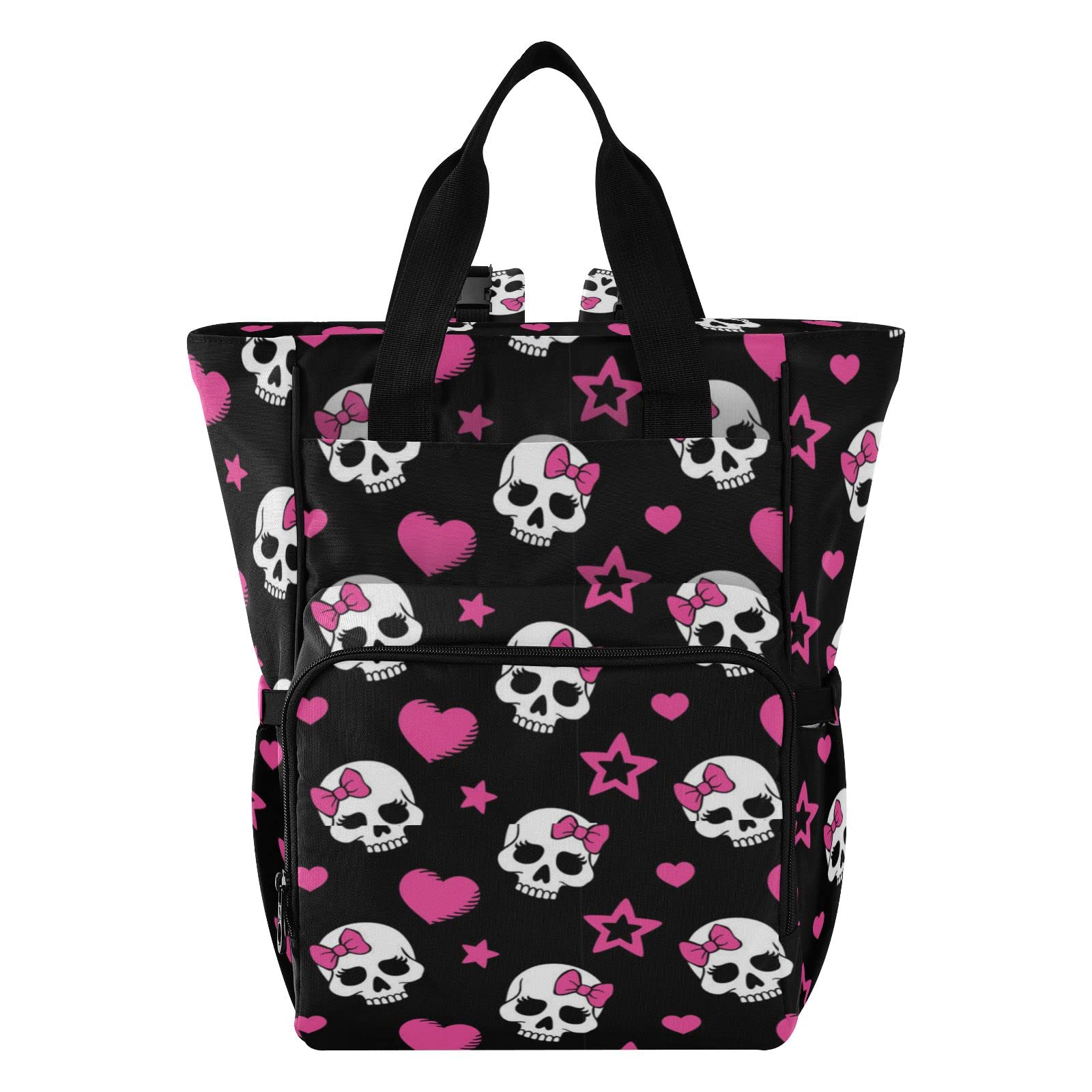 MNSRUU Diaper Bag Pink Hearts and Skulls Diaper Bag Backpack Multifunction Diaper Bag Tote For Baby Boy Girl Large Capacity Toddler Baby Changing Bags for Moms Dads