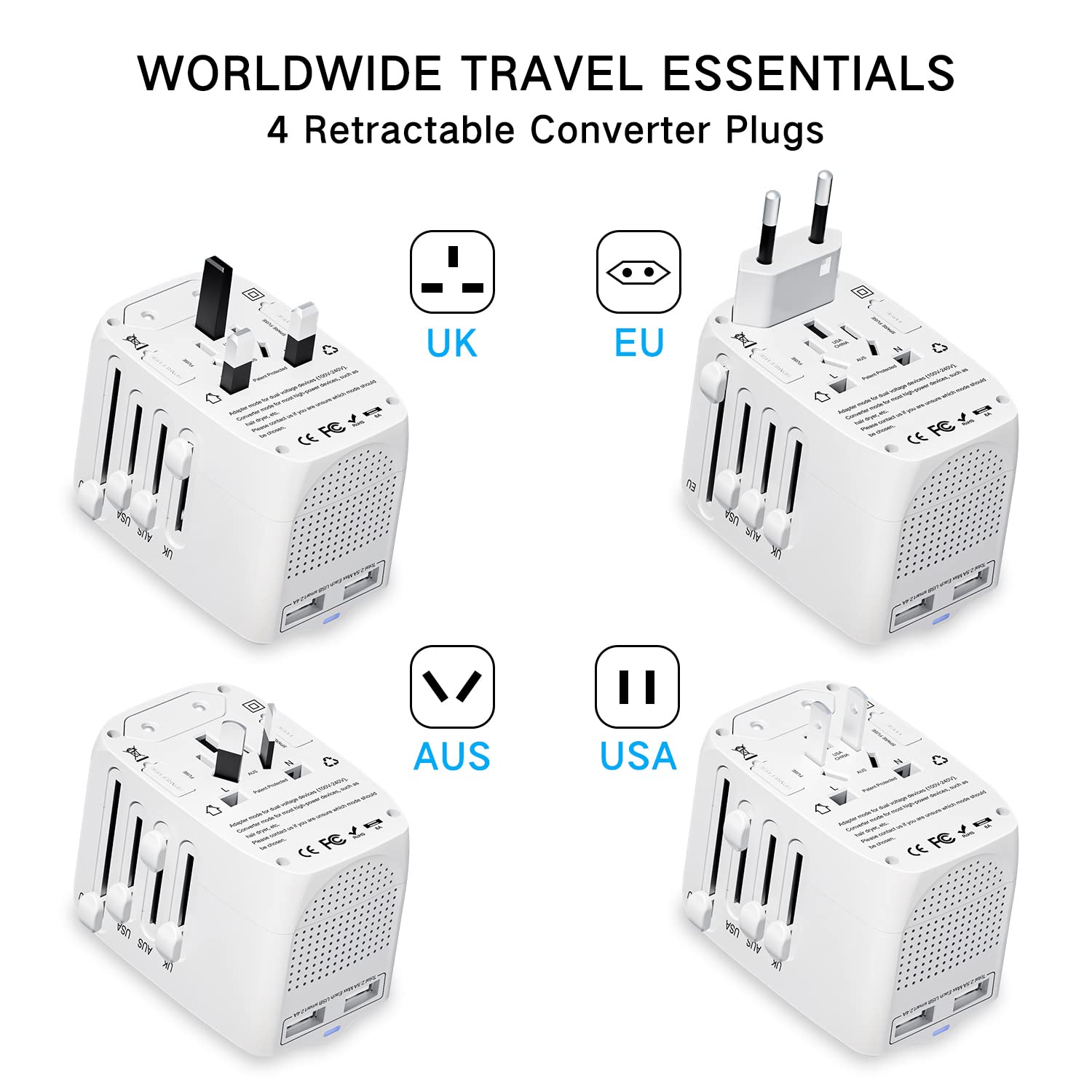 2000W Travel Voltage Converter, Universal Travel Adapter Voltage Converter Combo for 100V-240V, with 2 USB Ports, US to UK Europe Australia 200+ Countries Power Converter（White）