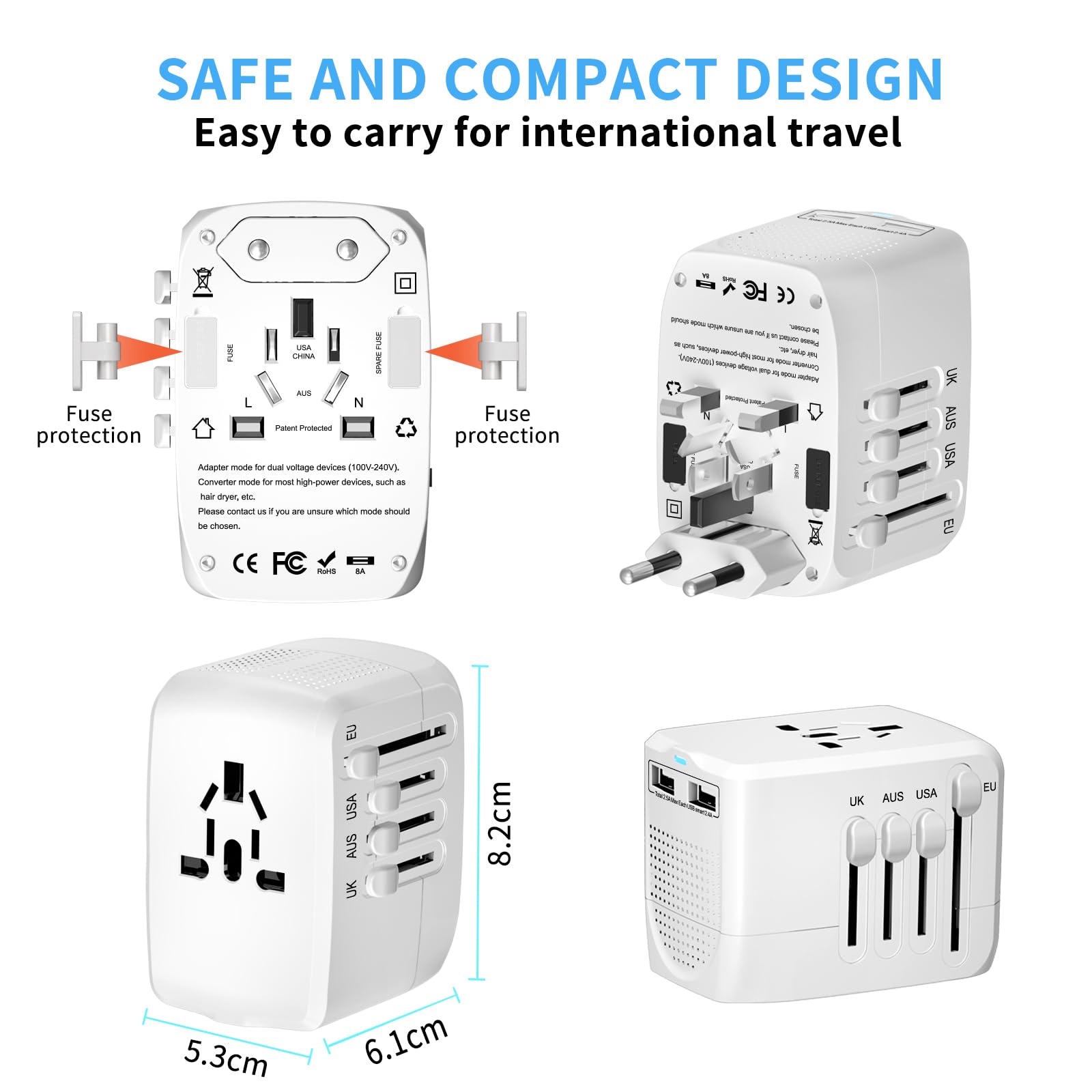 2000W Travel Voltage Converter, Universal Travel Adapter Voltage Converter Combo for 100V-240V, with 2 USB Ports, US to UK Europe Australia 200+ Countries Power Converter（White）