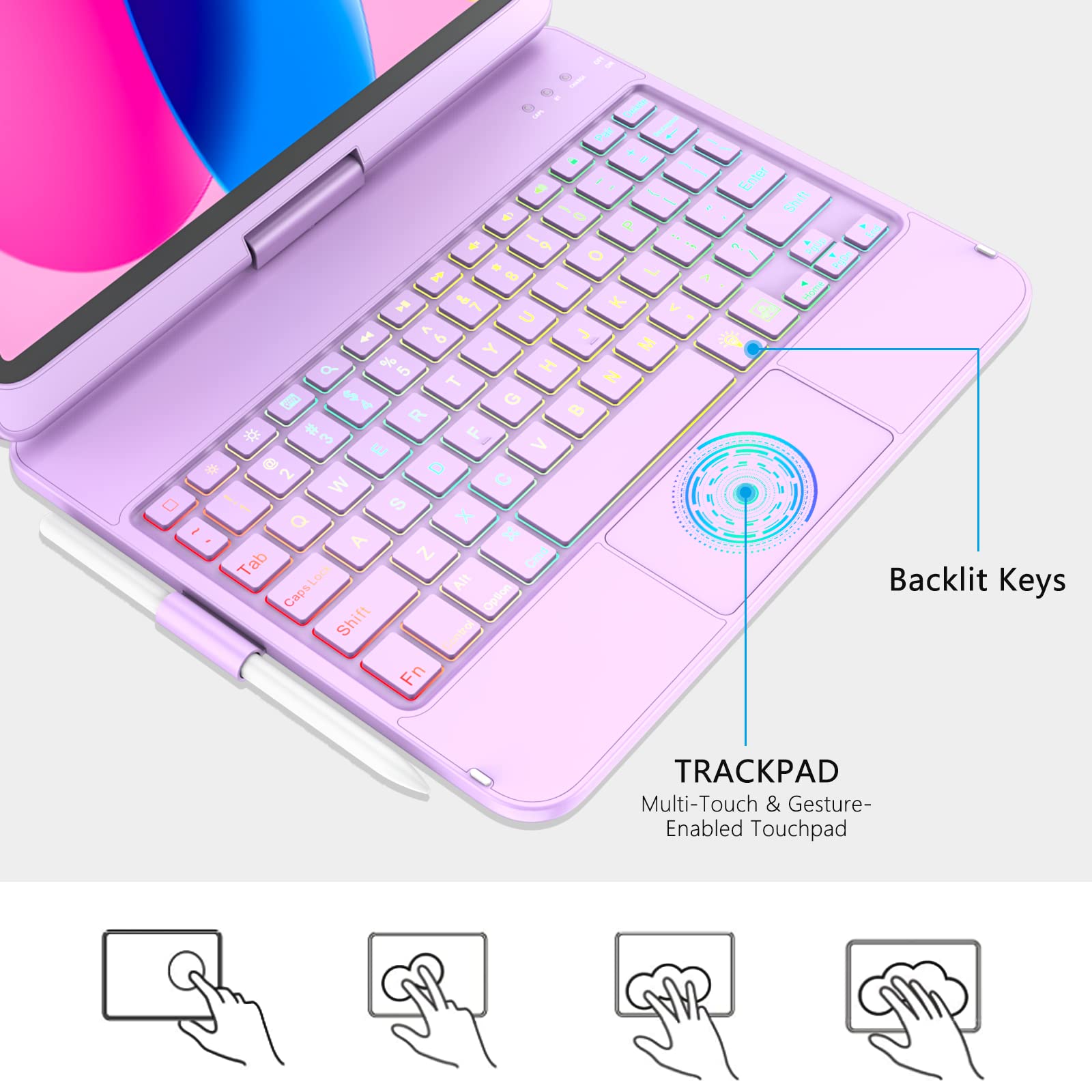 CC Store Touchpad Keyboard Case for iPad 10th Generation 10.9" 2022, Multi-Touch & Backlit Keys, 360° Rotatable & Pencil Holder, Case with Backlit Trackpad Keyboard for iPad 10th Gen (Light Purple)