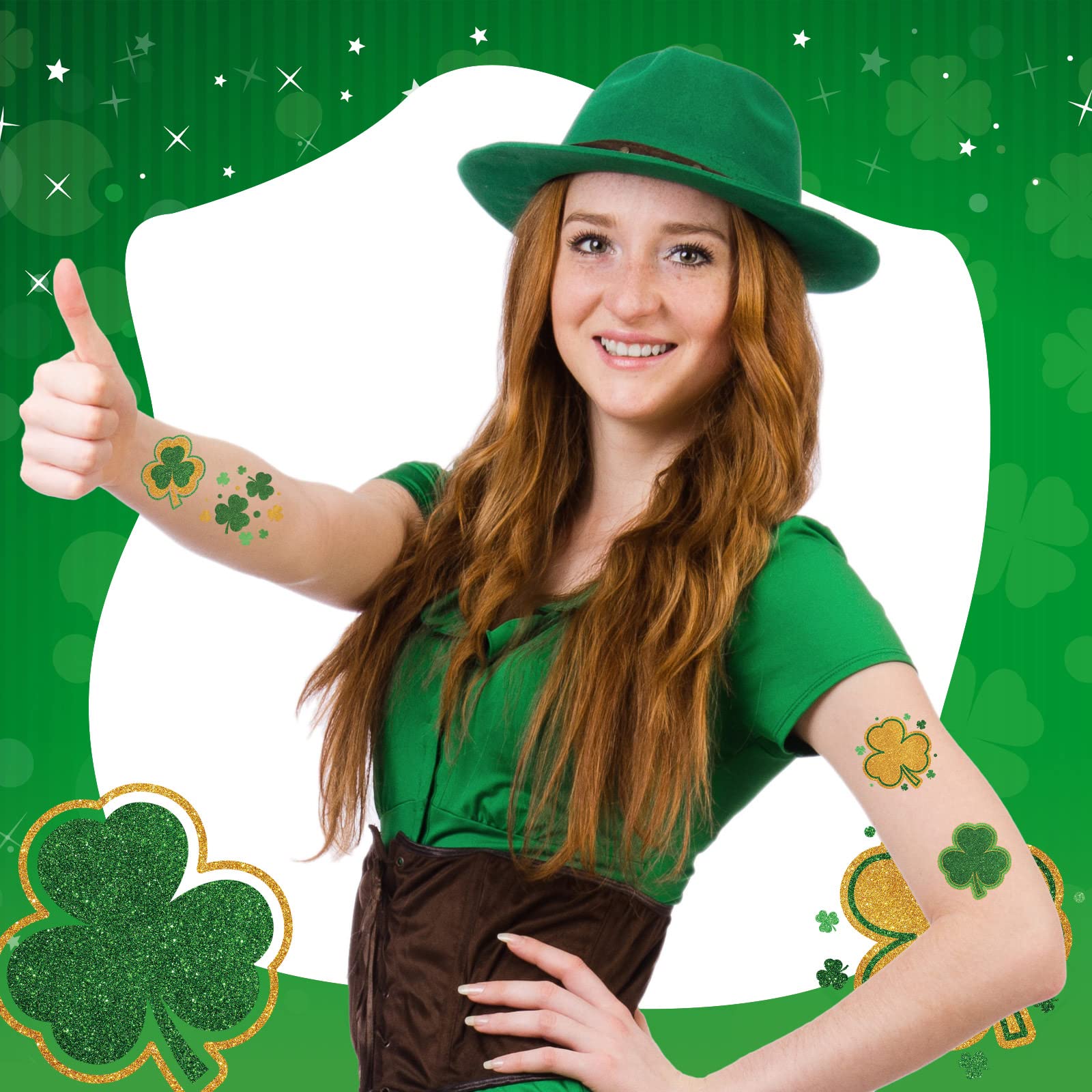 120 Pieces Glitter Shamrock Tattoo Stickers St. Patrick's Day Clover Temporary Tattoos St Patricks Day Stickers Shamrock Sticker Irish St Patricks Day Decor Party Favors for Men Women