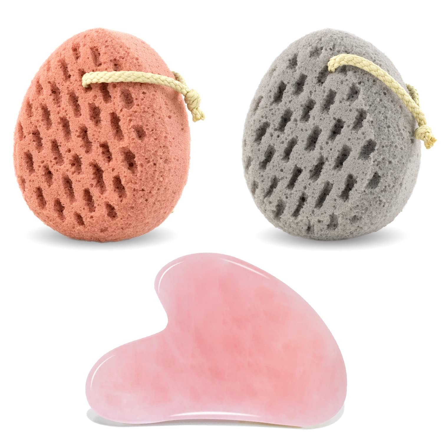 BAIMEI Bath Sponge, Sponge Loofah Body Scrubber & Rose Quartz Gua Sha for Body Massage