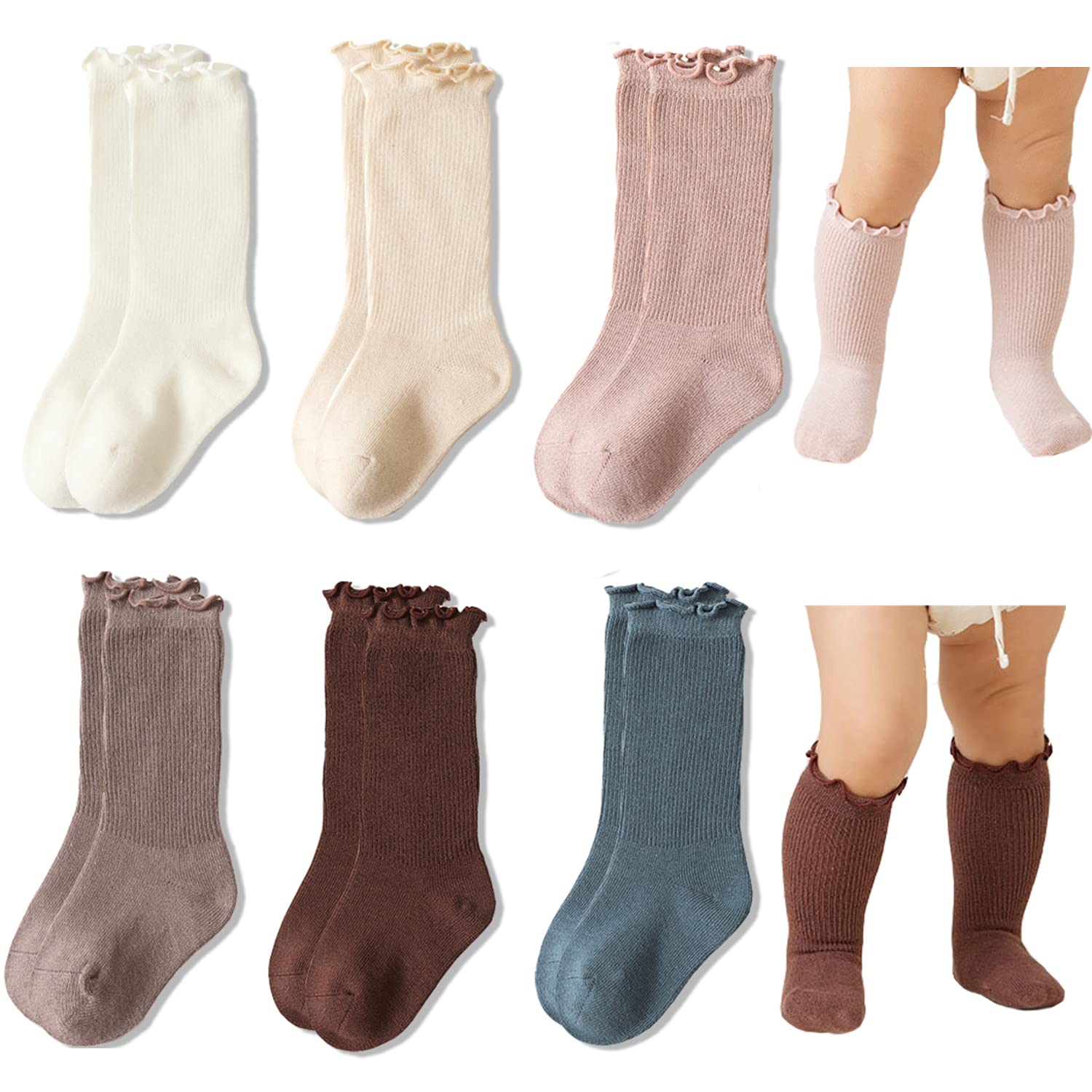 Exegawe Baby Girls Socks Cotton Toddler Knee-High Stockings Kids Cozy Warm Solid Color Ruffles Long Socks for 0-5T(Solid 6 Pairs,XS/0-6m)