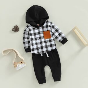 Baby Boy Clothes 3 6 9 12 18 24M 3T Pants Set Hooded Patchwork Hoodie Striped Fall Winter Outfit (Black-Plaid, 6-12 Months)