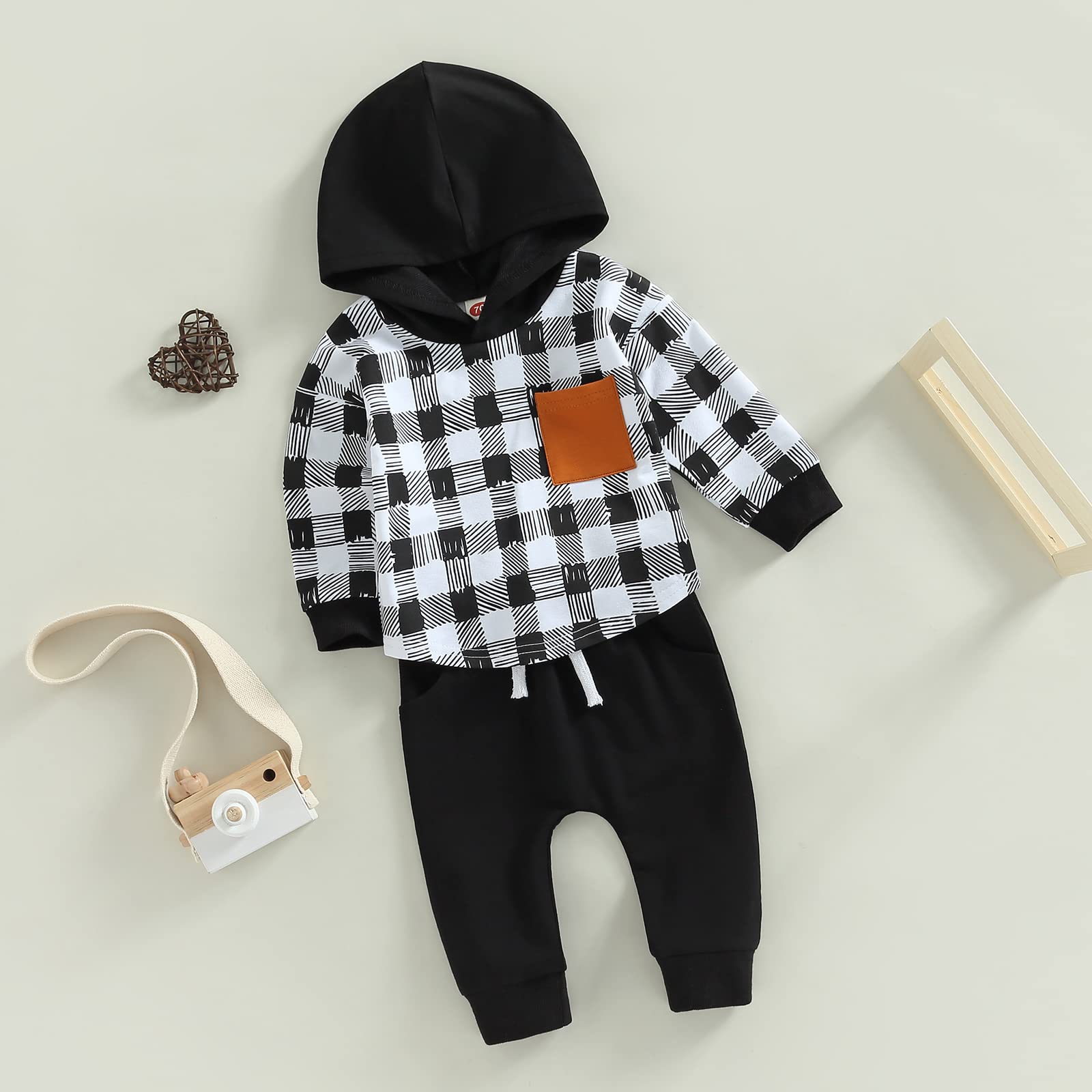 Baby Boy Clothes 3 6 9 12 18 24M 3T Pants Set Hooded Patchwork Hoodie Striped Fall Winter Outfit (Black-Plaid, 6-12 Months)