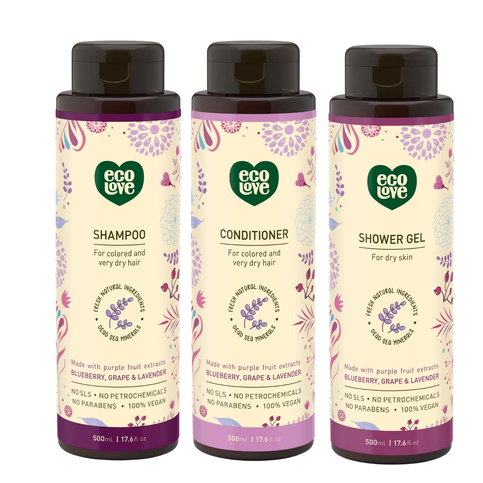 ecoLove - Natural Shampoo, Conditioner & Moisturizing Body Wash, With Organic Lavender Extract - No SLS or Parabens - Vegan and Cruelty-Free