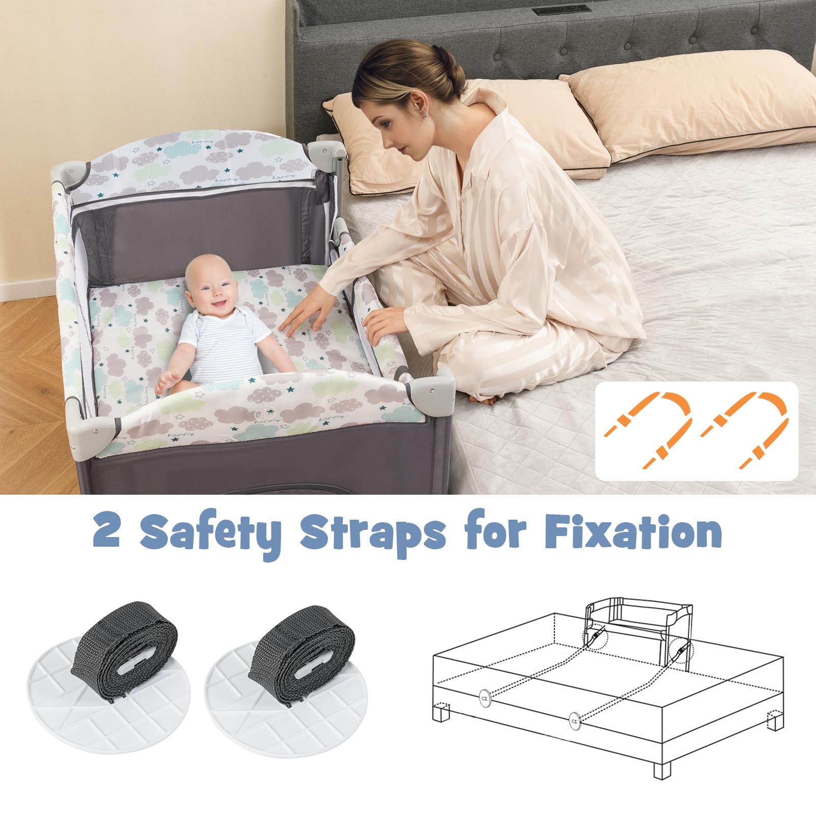 BABY JOY 5-in-1 Pack and Play, Portable Baby Bedside Sleeper with Bassinet, U-Shaped Diaper Changer, Safety Strap, Side Zipper Entrance, Hangings, Bedside Crib Playard from Newborn to Toddlers (Gray)